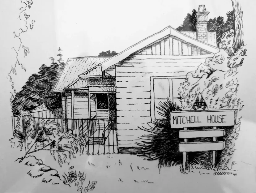 Pen and ink illustration of the historic Mitchell House building
